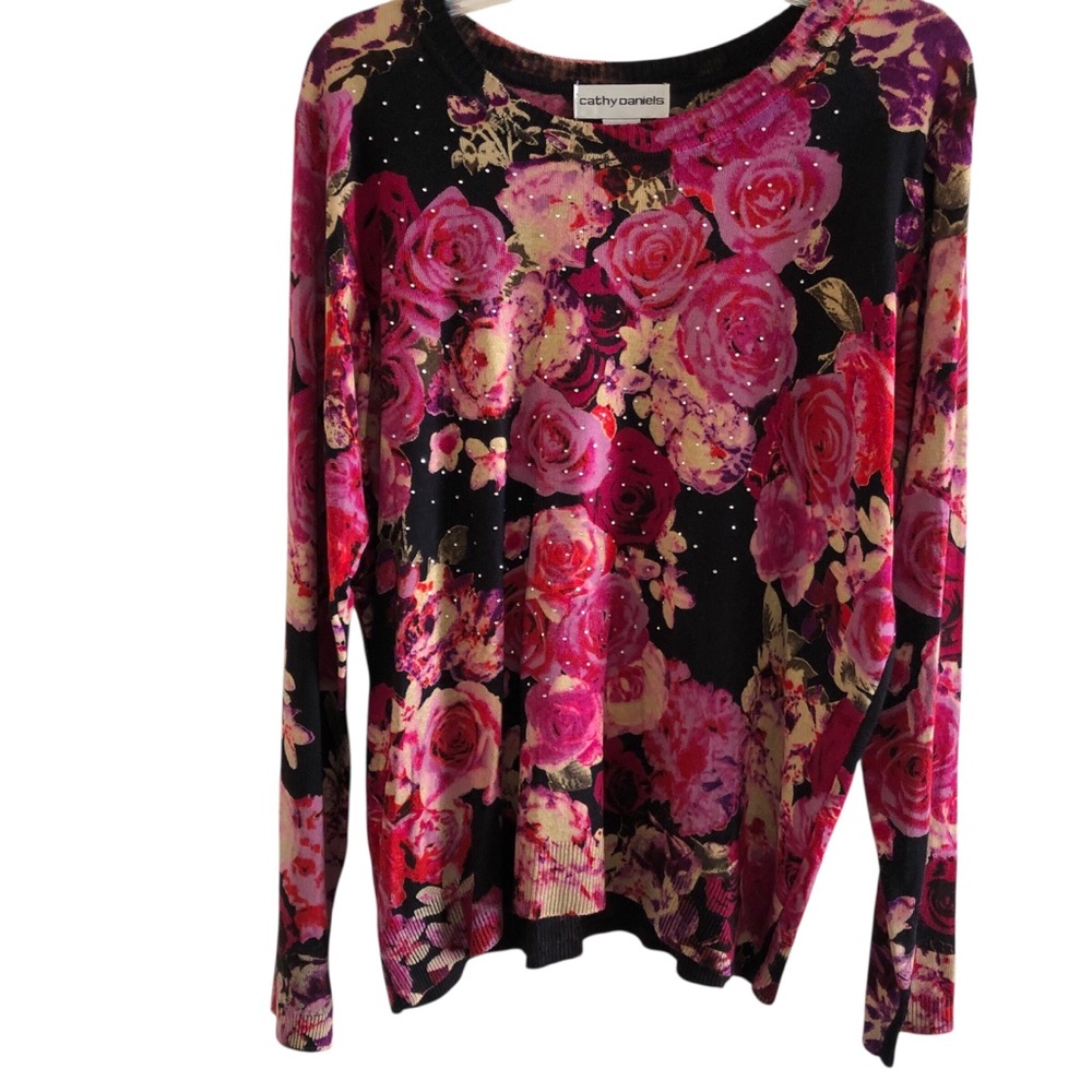 Cathy Daniels Black and Pink Graphic Blouse Long Sleeve Relaxed Fit